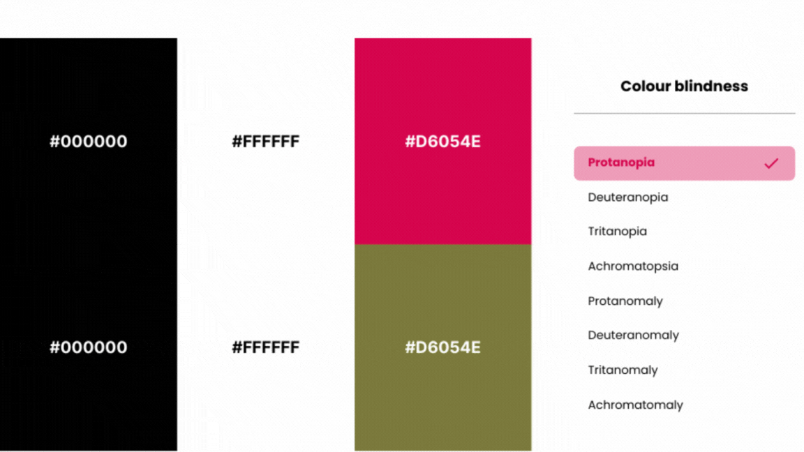 different shades of the colours based on different types of colour blindness
